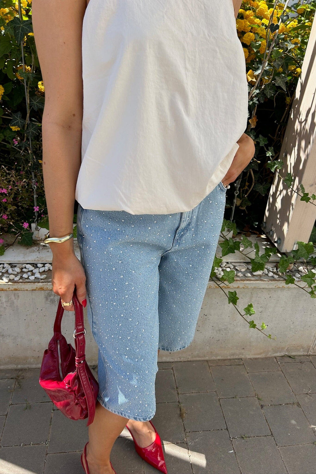 Forudbestilling - Pieces - Pcnoel Denim Jorts Pp - 4936543 Light Blue Denim Rhine Stones Shorts