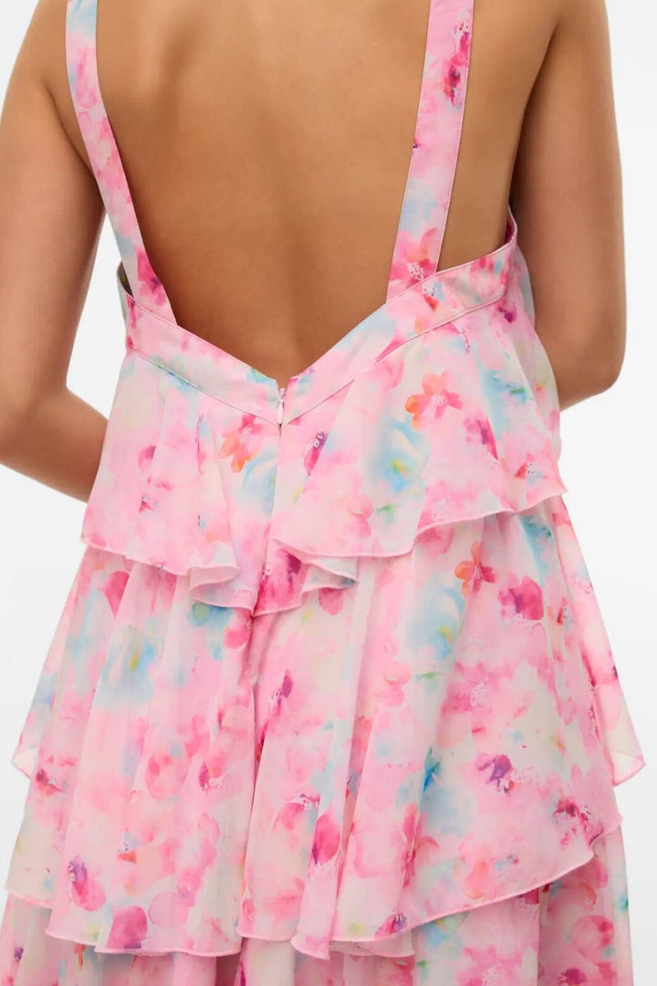 Forudbestilling - Vero Moda - Vmfelicia Sl Ruffle Maxi Dress - 4783971 Pink Tulle Flower Aop