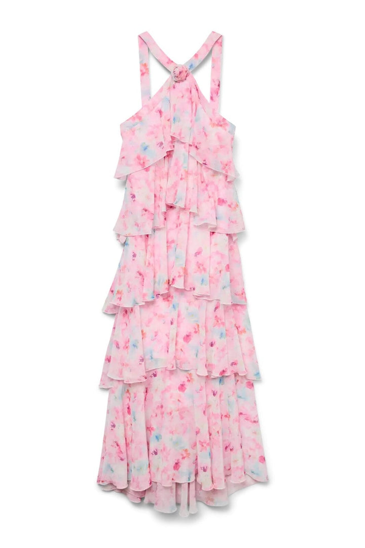 Forudbestilling - Vero Moda - Vmfelicia Sl Ruffle Maxi Dress - 4783971 Pink Tulle Flower Aop