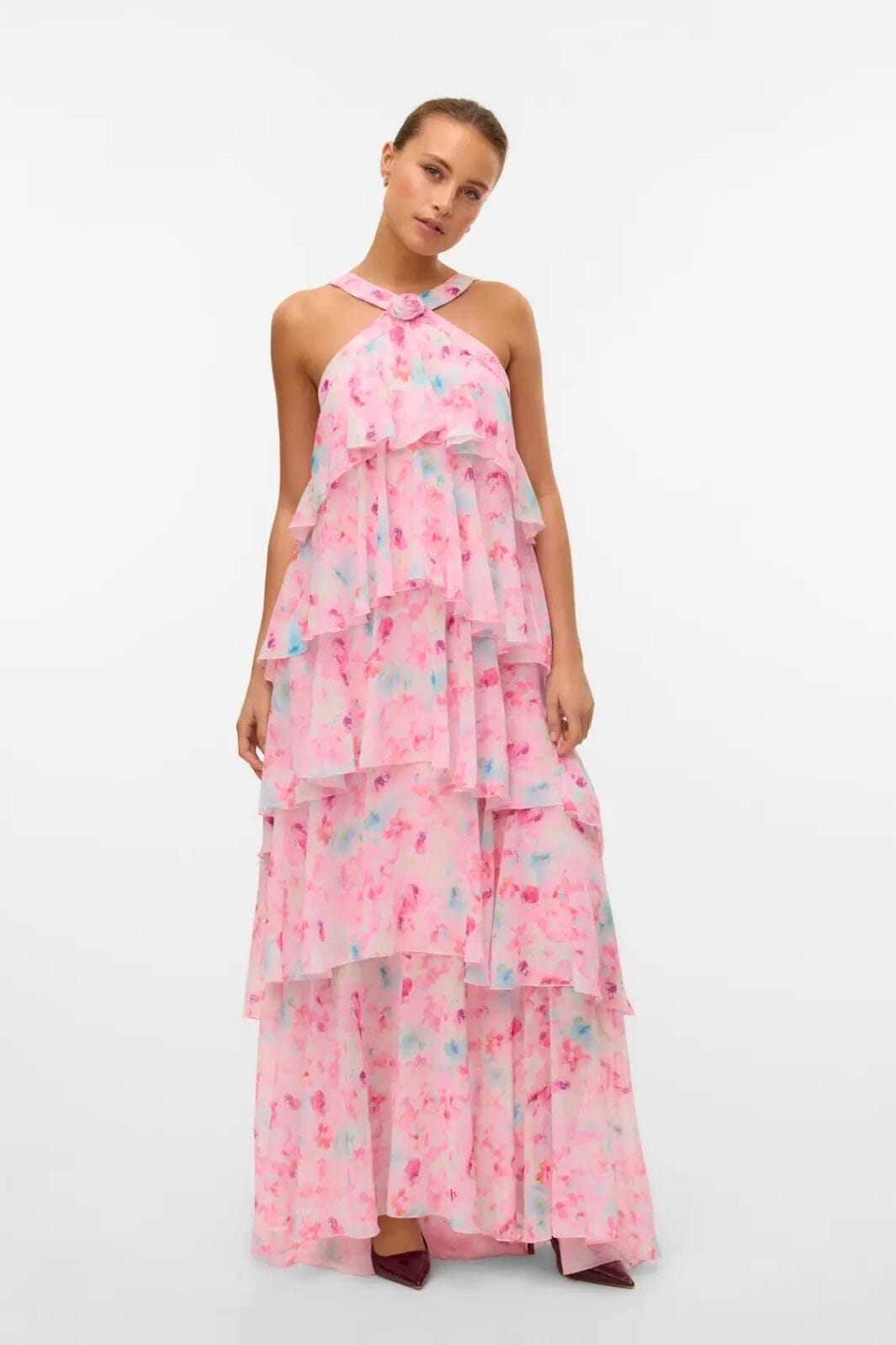 Forudbestilling - Vero Moda - Vmfelicia Sl Ruffle Maxi Dress - 4783971 Pink Tulle Flower Aop