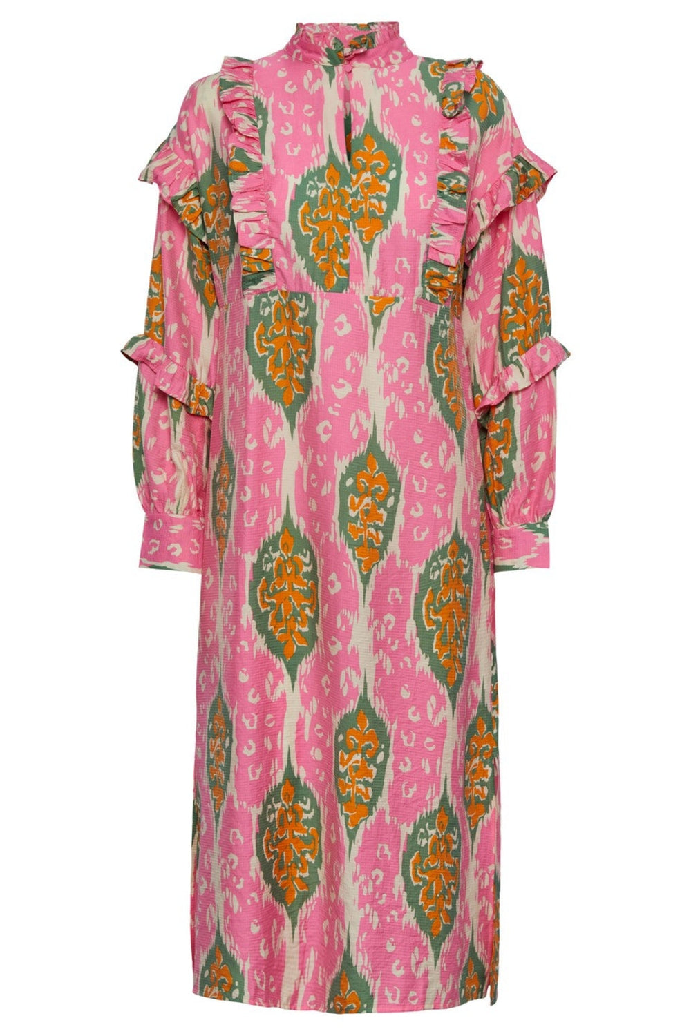 Forudbestilling - Y.A.S - Yasyaka Ls Frill Midi Dress S. - Aurora Pink - Yaka Print (Slut Juli) Kjoler