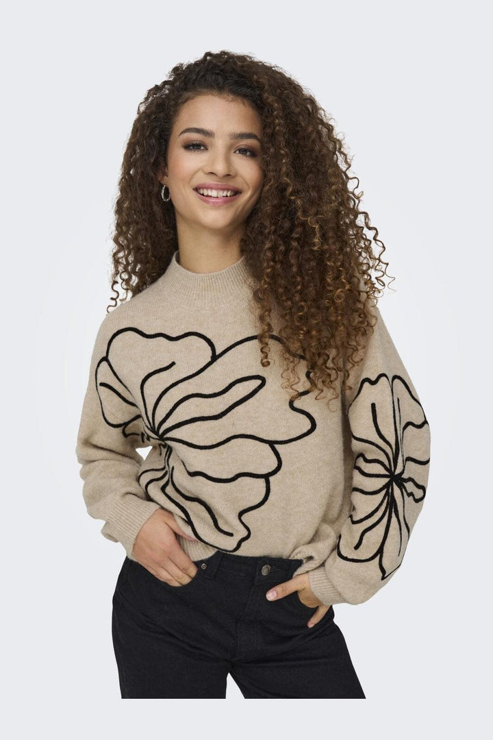 JDY - Jdyjella L/S Flower Pullover Knt - 4769601 Cement Melange