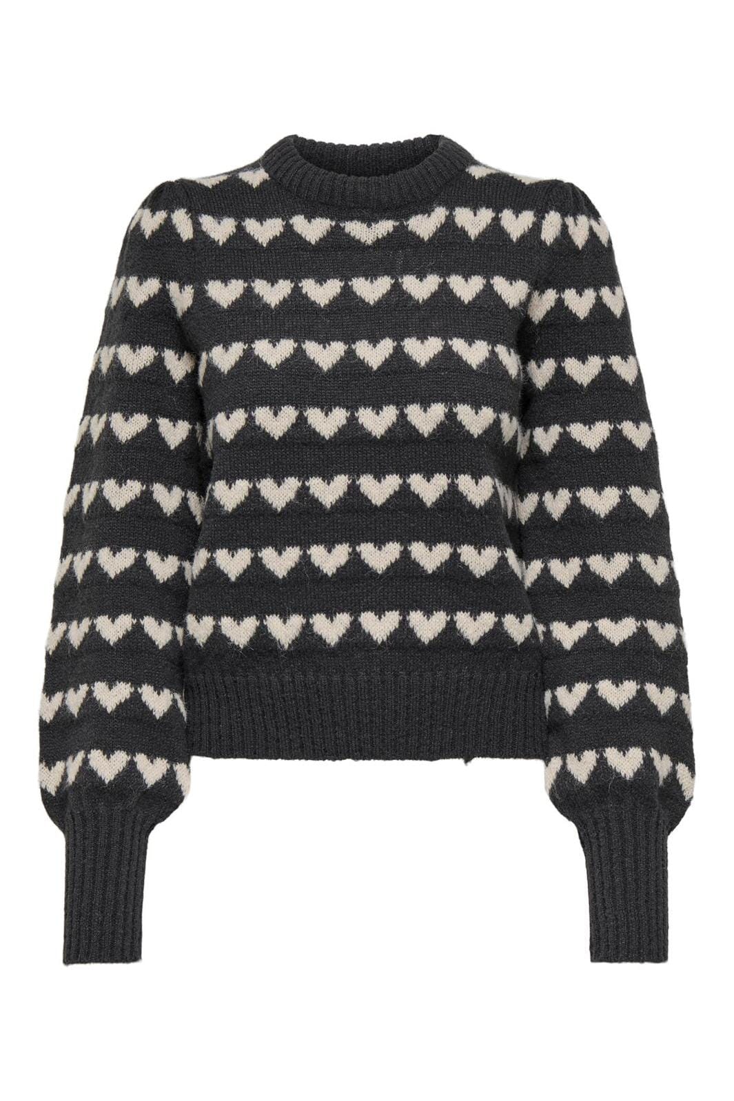 JDY - Jdysigrid Life L/S On Puff Pull Knt - 4816422 Dark Grey Melange W. Cement Hearts