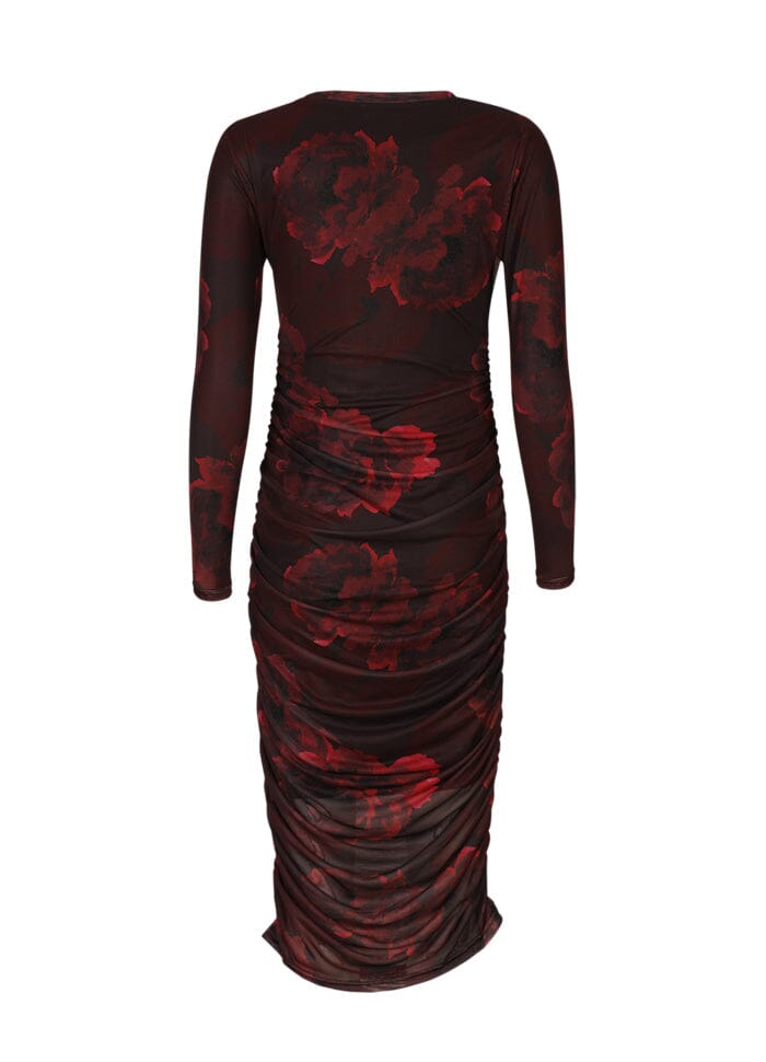 Liberte - Mesh-Ls-Long-Dress 22219 - Black Bordeaux Flower Kjoler