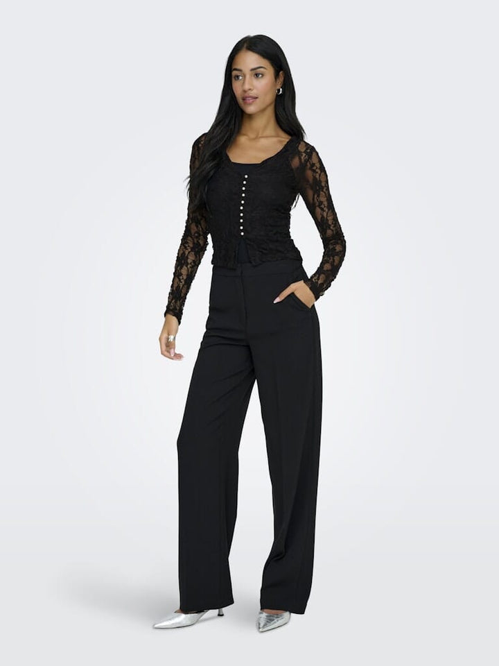 Only - Onlalba L/S V-Neck Lace Top - 4957011 Black Bluser