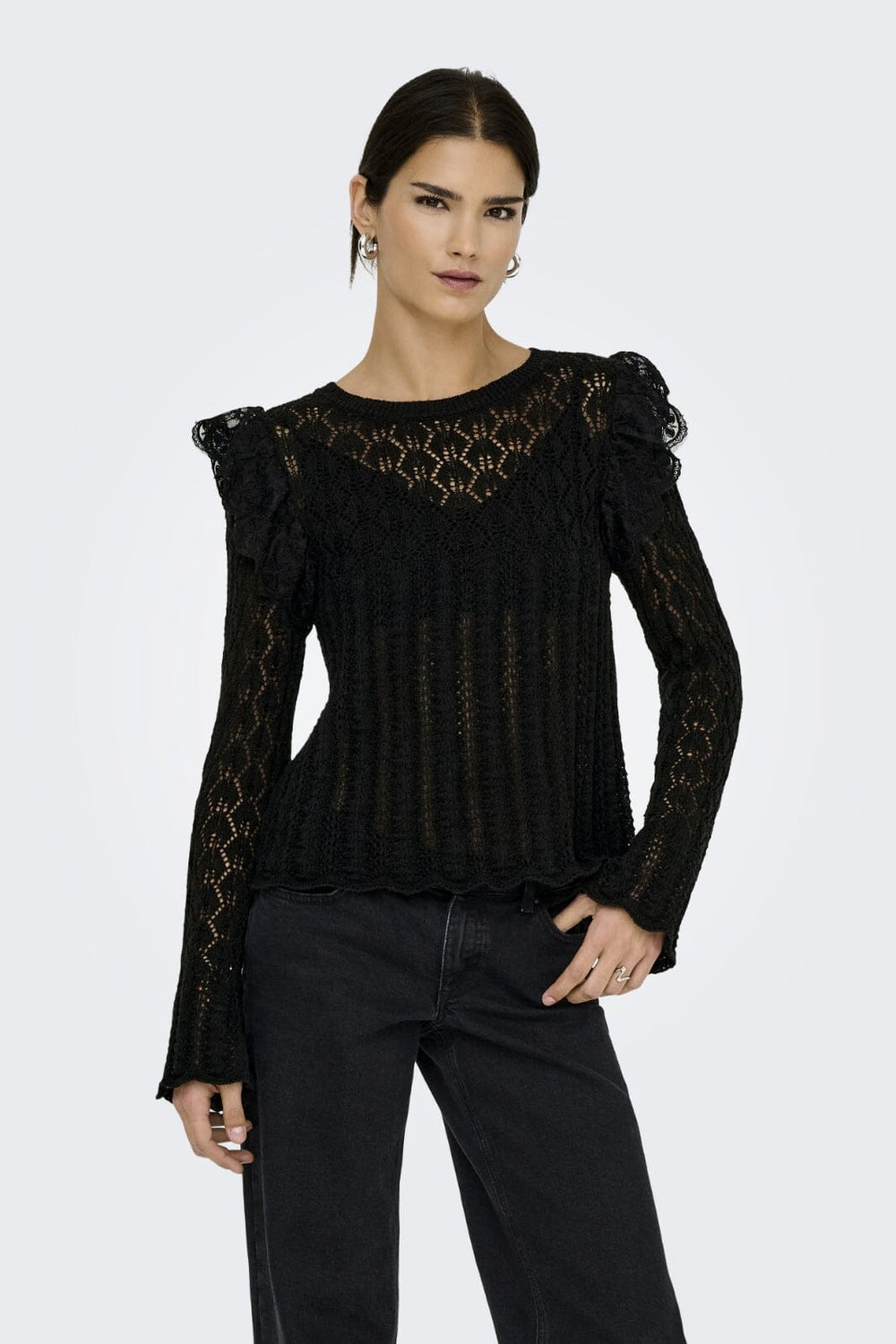Only - Onlashley Ls O-Neck Mix Knt - 4805321 Black Dtm Lace Bluser