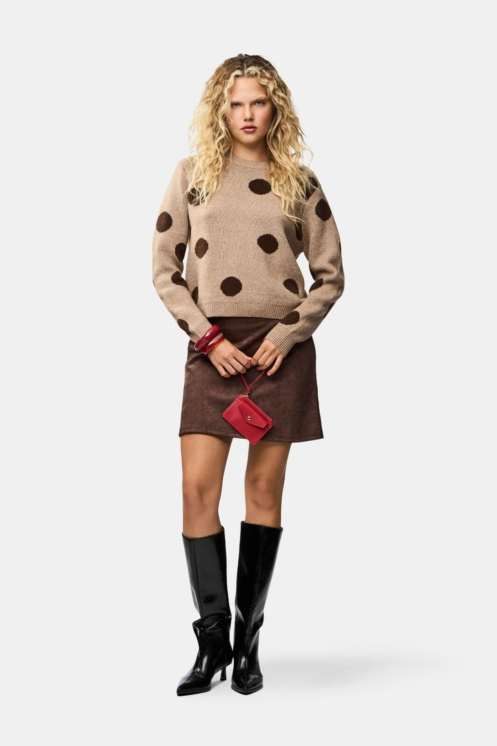 Pieces - Pcosla Ls O-Neck Knit Pullover - 4993184 Toasted Coconut Delicioso Dots Strikbluser