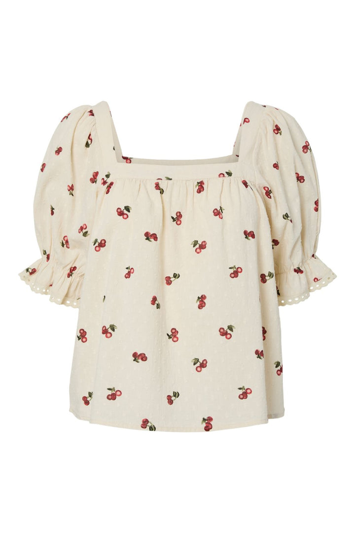 Pieces - Pcthea 3/4 Square Neck Top Pp - 4936521 Cloud Cream Cherries