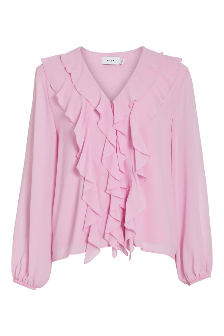 Vila - Viane L/S V-Neck Frill Top/Ka - 4977834 Bonbon