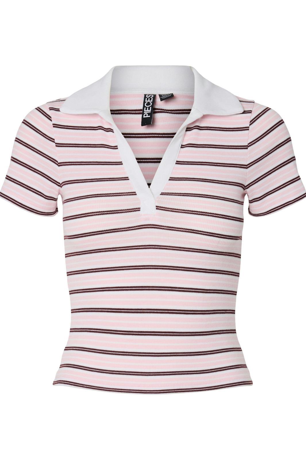 Pieces - Pcjayjay Ss V-Neck Polo Top Fsy - 4961816 Pink Tulle Tawny Port/White Skjorter 