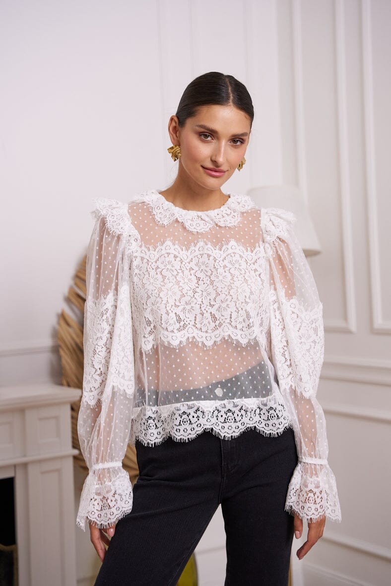 A-bee - Lace Blouse 80996 - White Bluser 