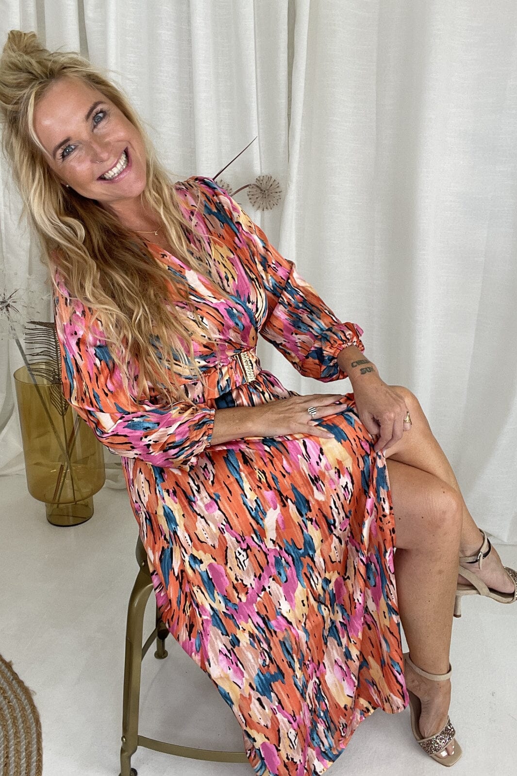 Anobel Copenhagen - Long Printed Dress With Belt 7185 - Red Kjoler 