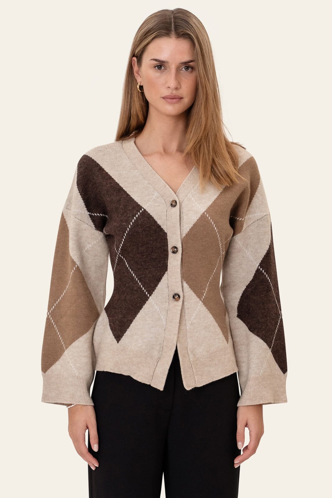 BYIC - Karmaic Fitted Cardigan H081 - Beige Argyle