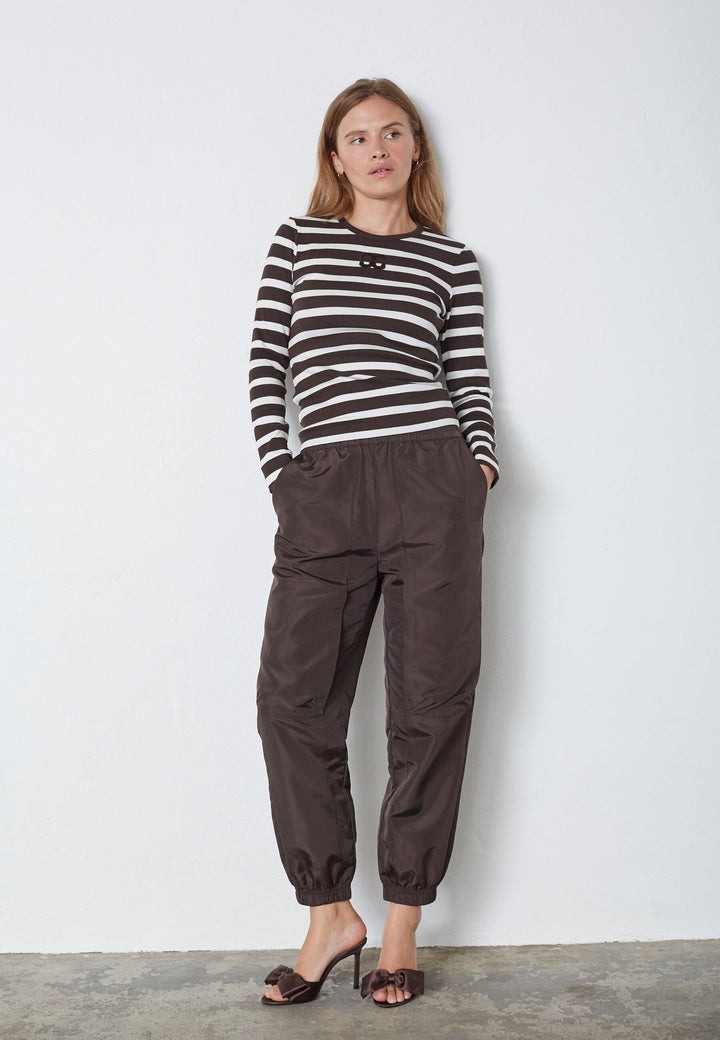 Co´Couture - Grannycc Rib Emb Ls Blouse 43007 - 11145 - Offwhite/Darkbrown Bluser 