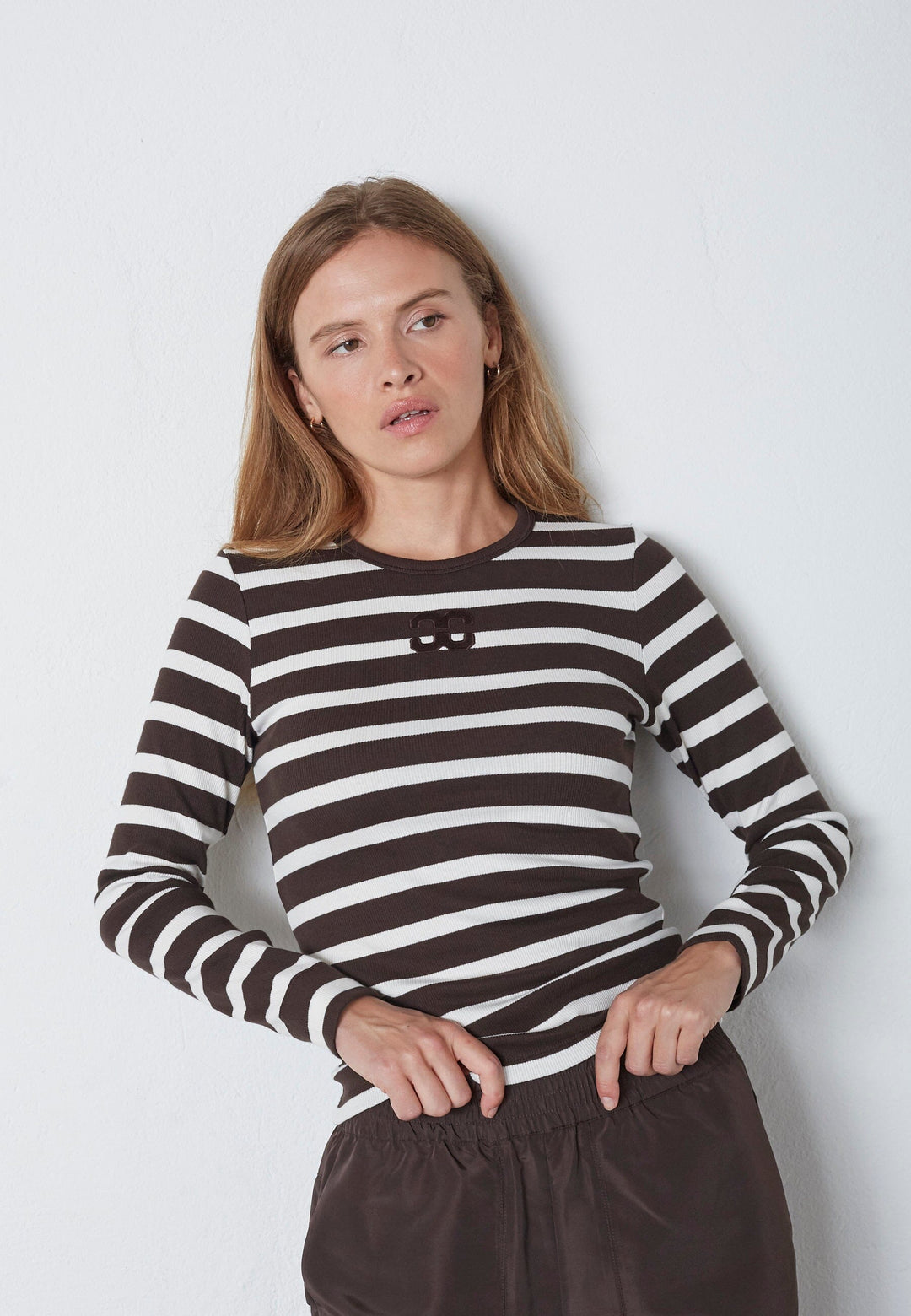 Co´Couture - Grannycc Rib Emb Ls Blouse 43007 - 11145 - Offwhite/Darkbrown Bluser 