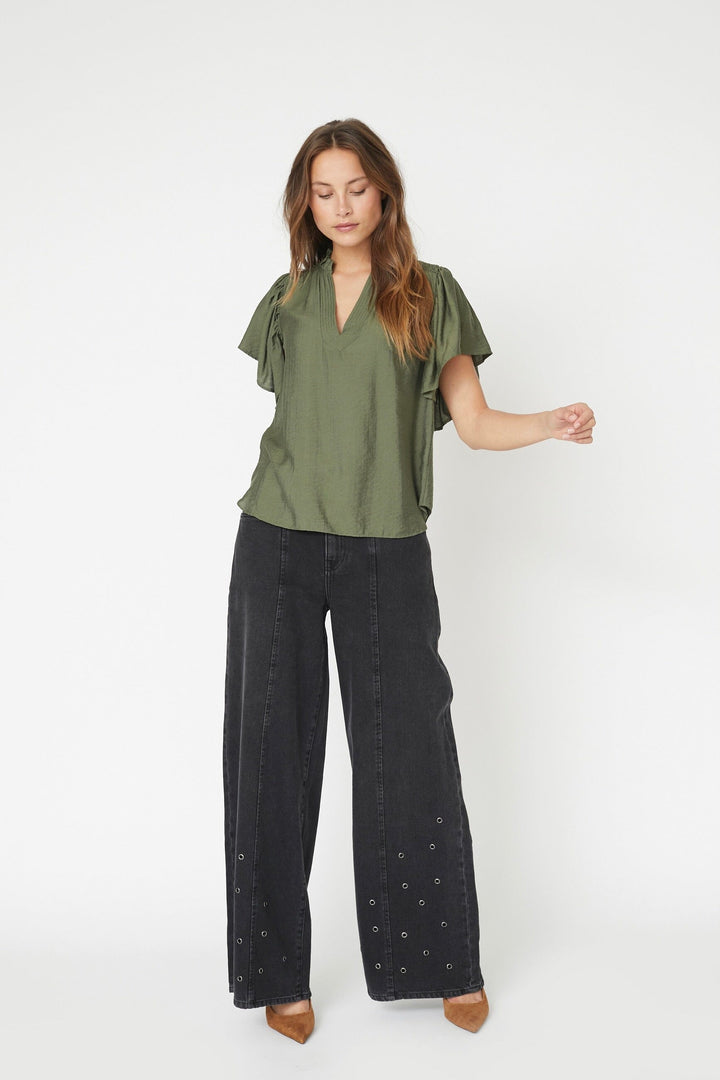 Co´Couture - Heracc Ss Frill Top 35703 - 7555 - Army Bluser 