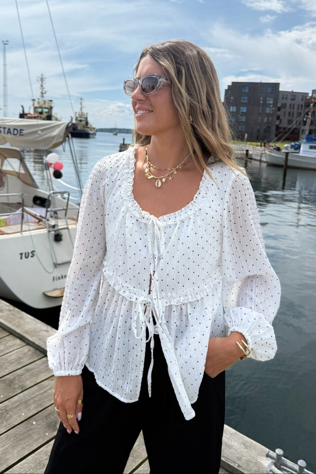 Dear Molly - Dot Bow 156761C - White W.black Dots Bluser 