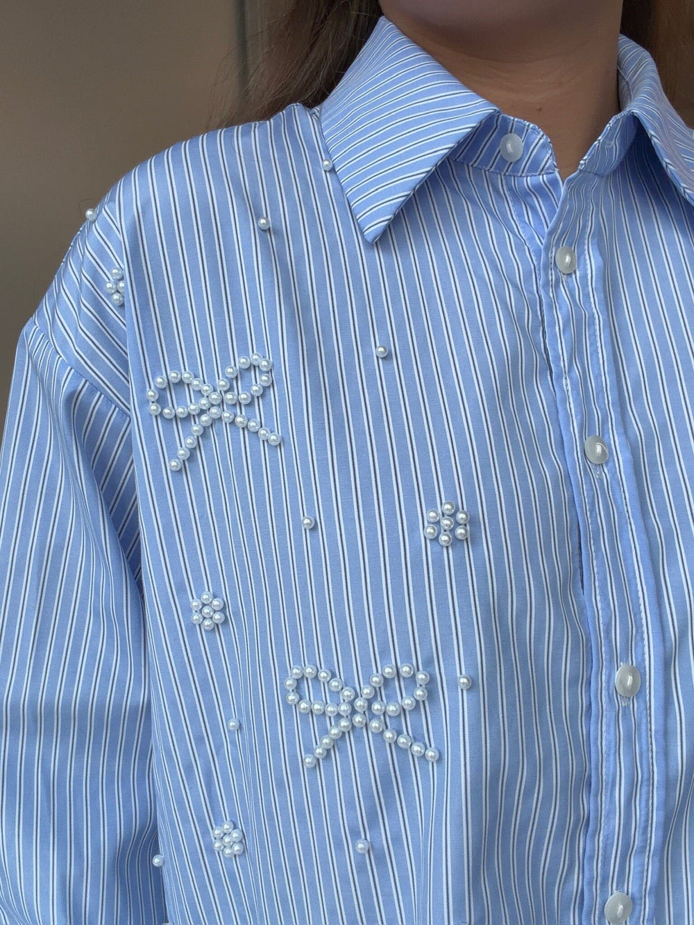 Dear Molly - Pearl Bow Shirt 160786C - Blue W.black Strip Bluser 