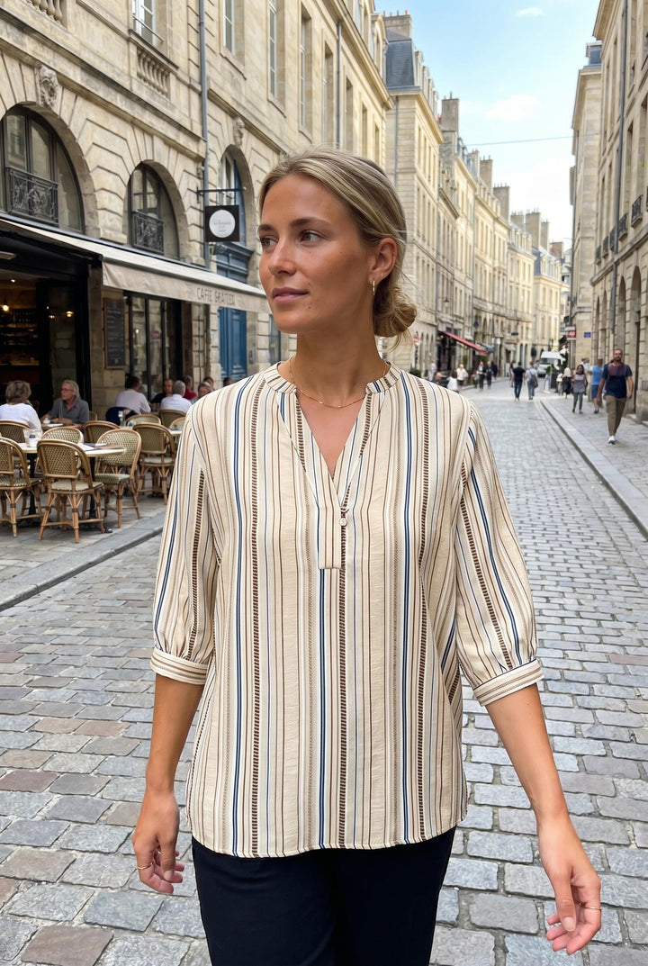 Dear Molly - Stripe Shirt - Beige, Blue And Brown Skjorter 