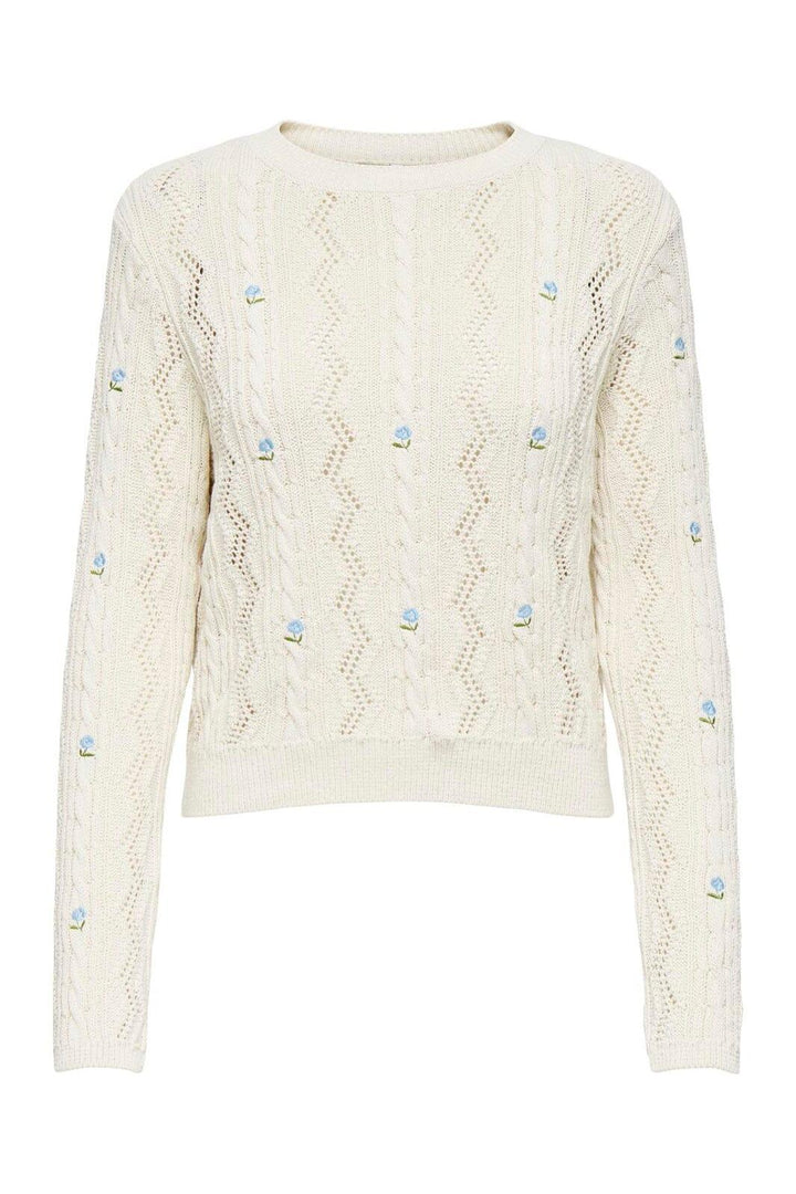 Only - Onlrita Life Ls Embr Cable Knt - 4862606 Ecru Cashmere Blue Flower