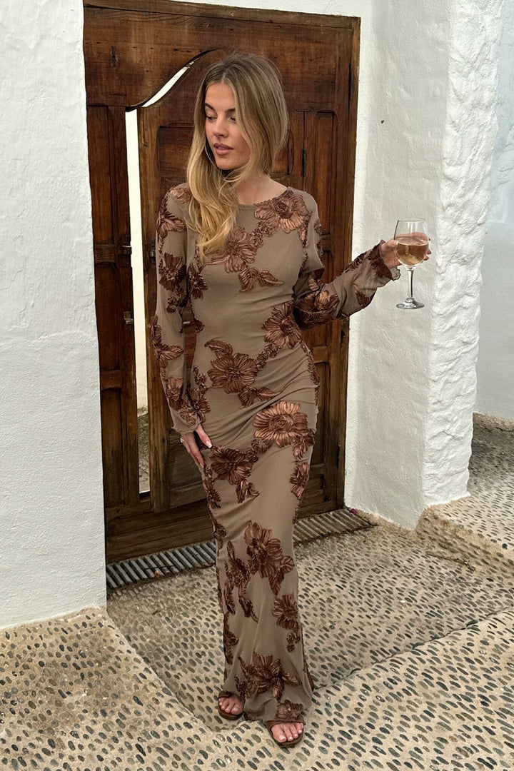 Forudbestilling - BYIC - Floraic Mesh Dress A23862 - Mocca Flower Kjoler 