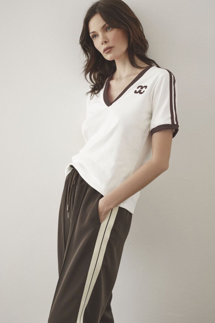 Forudbestilling - Co´Couture - Edgecc Stripe V-Tee 33161 - 1183 - Offwhite Mocca T-shirts 