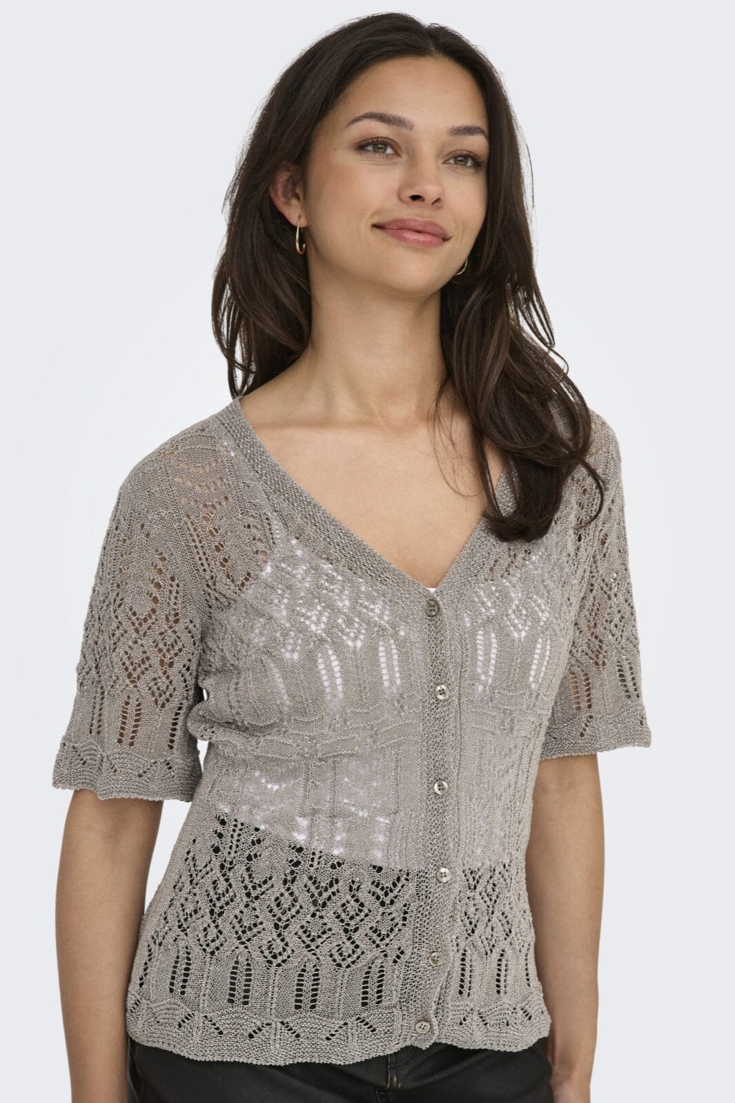 Forudbestilling - Only - Onllovely Ss Glitter Button Top Knt - 4916203 Weathered Teak Silver