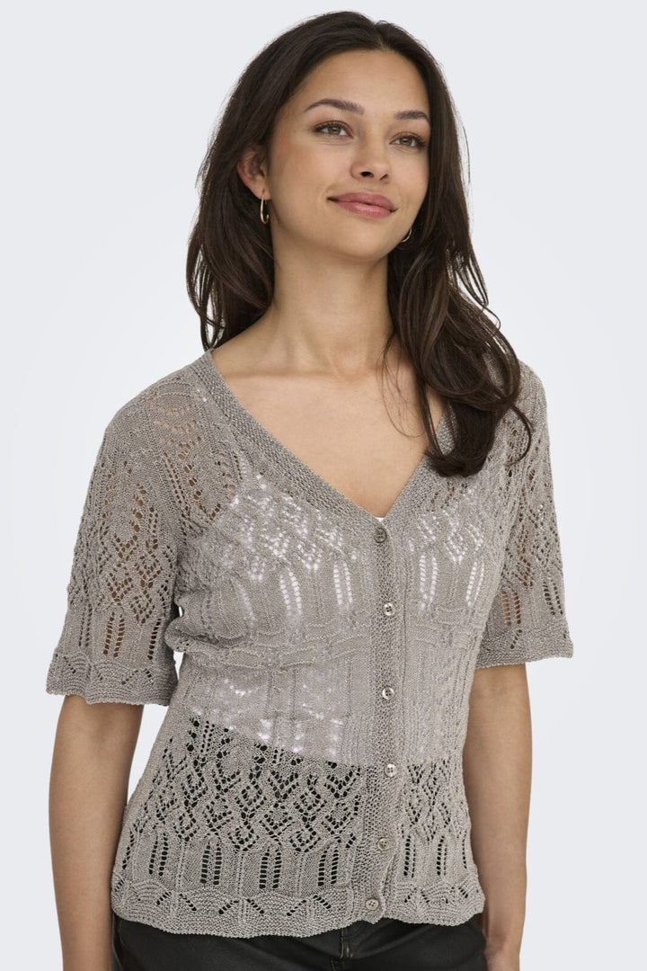 Forudbestilling - Only - Onllovely Ss Glitter Button Top Knt - 4916203 Weathered Teak Silver