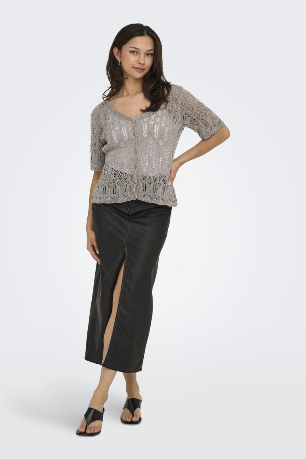 Forudbestilling - Only - Onllovely Ss Glitter Button Top Knt - 4916203 Weathered Teak Silver