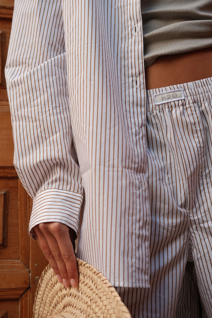 H2O - Rønne Essential Pajamas Shirt L/S 101018-2 - 7043 - White/Brown Skjorter 