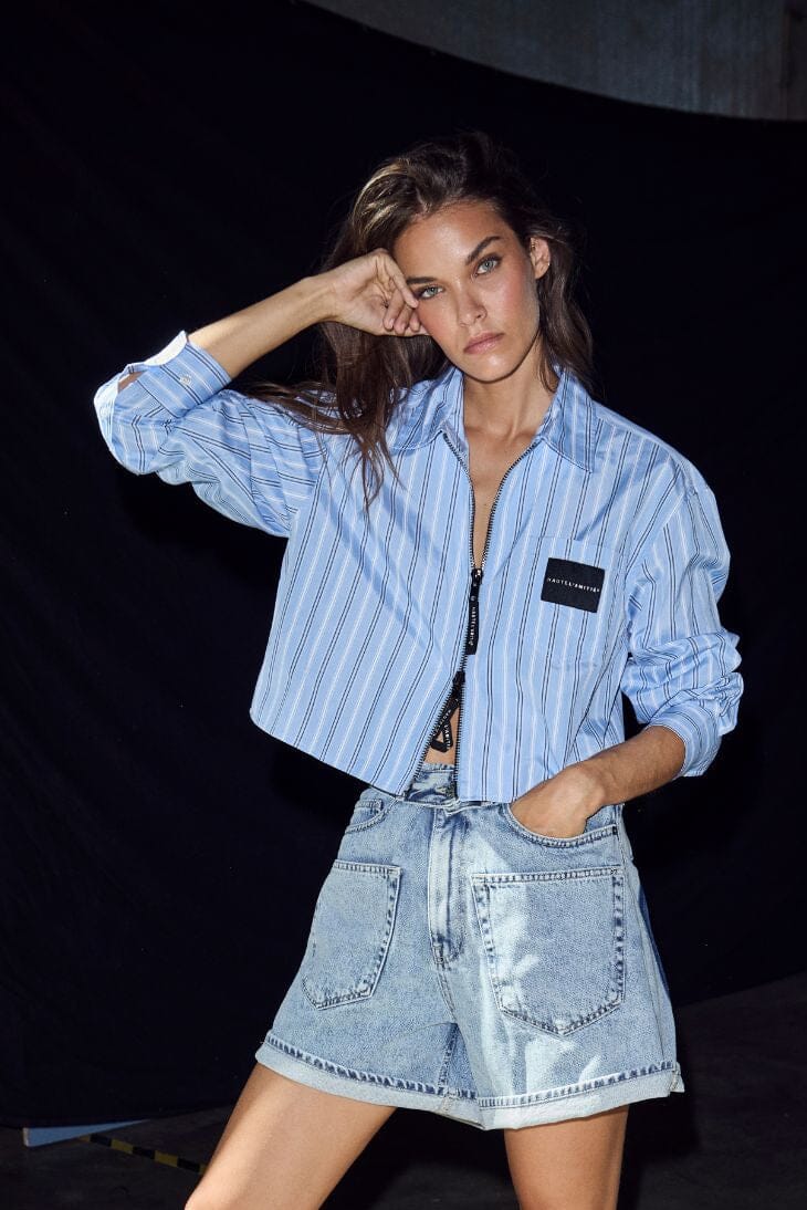 Haute L'Amitié - Crop Stripe Zip Shirt Hl10979 - Pale Blue Skjorter 