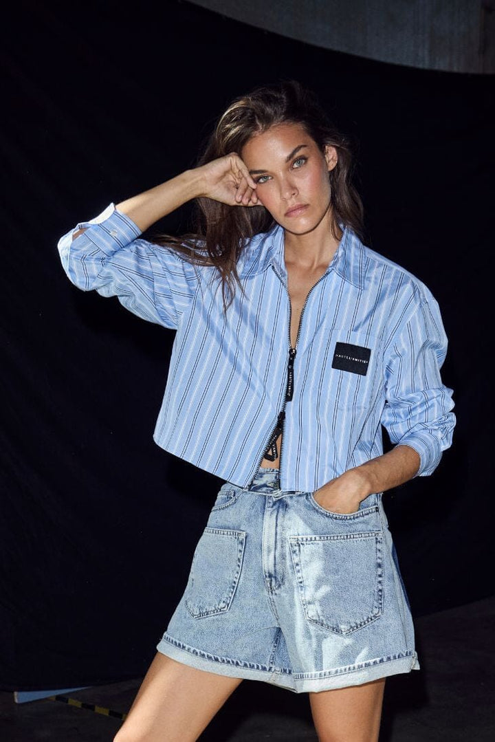 Haute L'Amitié - Crop Stripe Zip Shirt Hl10979 - Pale Blue Skjorter 