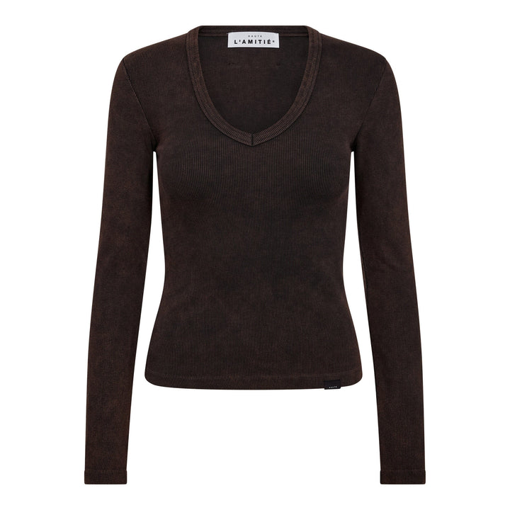 Haute L'Amitié - Deep V Ls Rib Acid Tee HL10892 - Mocca Acid Wash T-shirts 