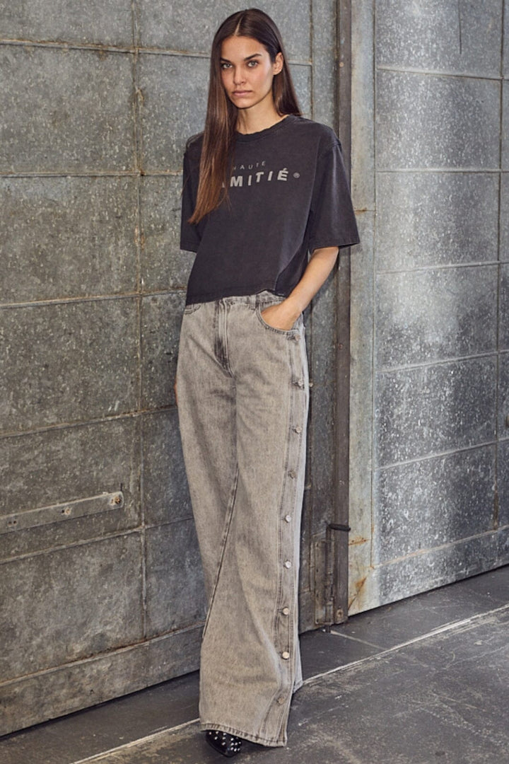 Haute L'Amitié - Side Panel Button Jeans HL10328 - Light Grey Jeans 