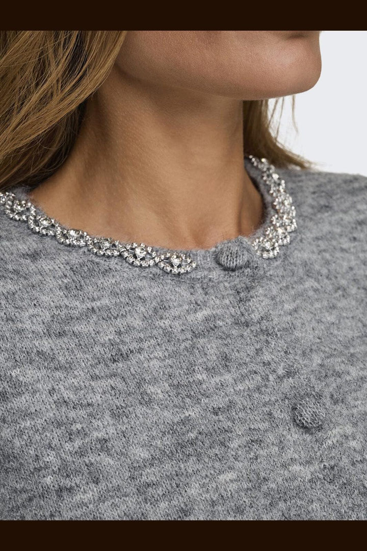 JDY - Jdyalva Life 2/4 Embel Cardigan Knt - 4743463 Medium Grey Melange Silver Embellishment