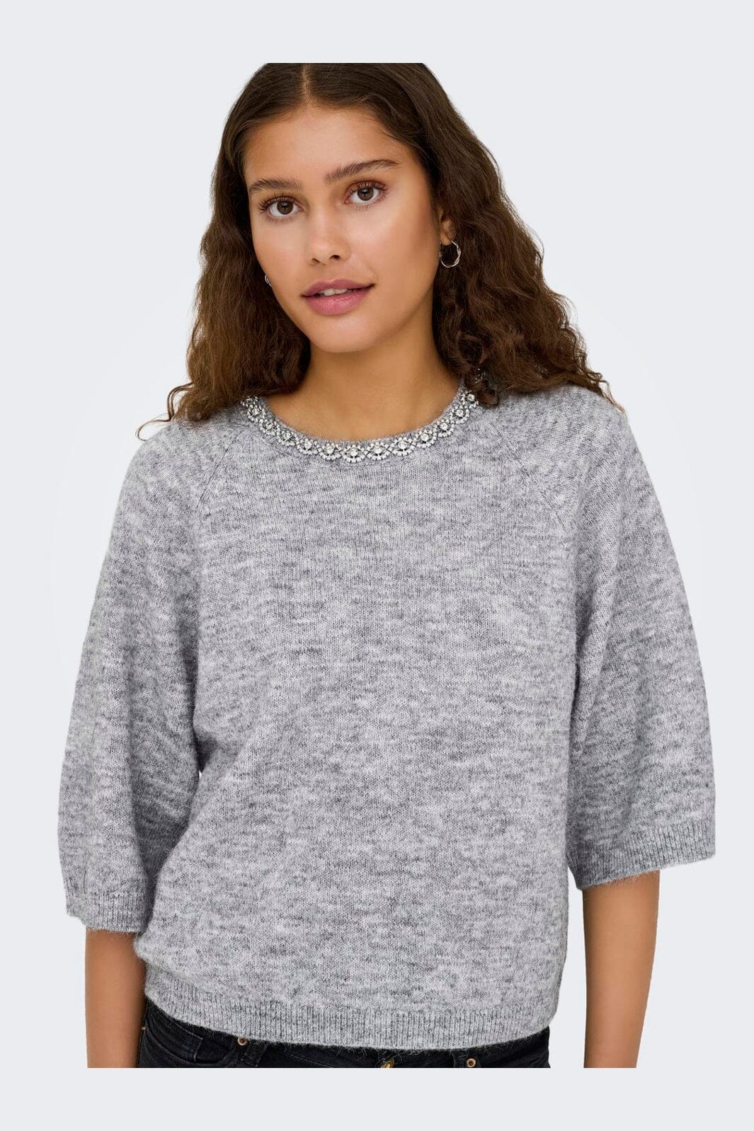 JDY - Jdyalva Life 3/4 Embellish Pull Knt - 4957225 Medium Grey Melange W. Silver Embellishment