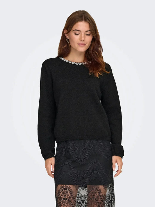 JDY - Jdyalva Life L/S Embellish Pullover Knt - 4907581 Black Silver Embellishment Strikbluser 