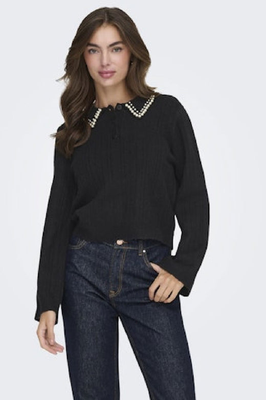 JDY - Jdyapril Life L/S Pearl Collar Pull Knt - 4867847 Black White Pearls Strikbluser 