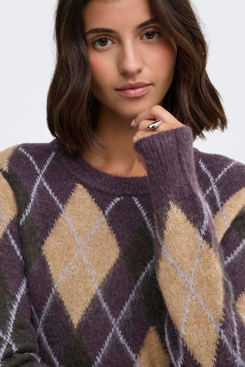 JDY - Jdyreese L/S O-Neck Argyle Pullover Knt - 5140650 Plum Perfect W. Chocolate Torte/Toasted Coconut/Lavender Gray Argyle