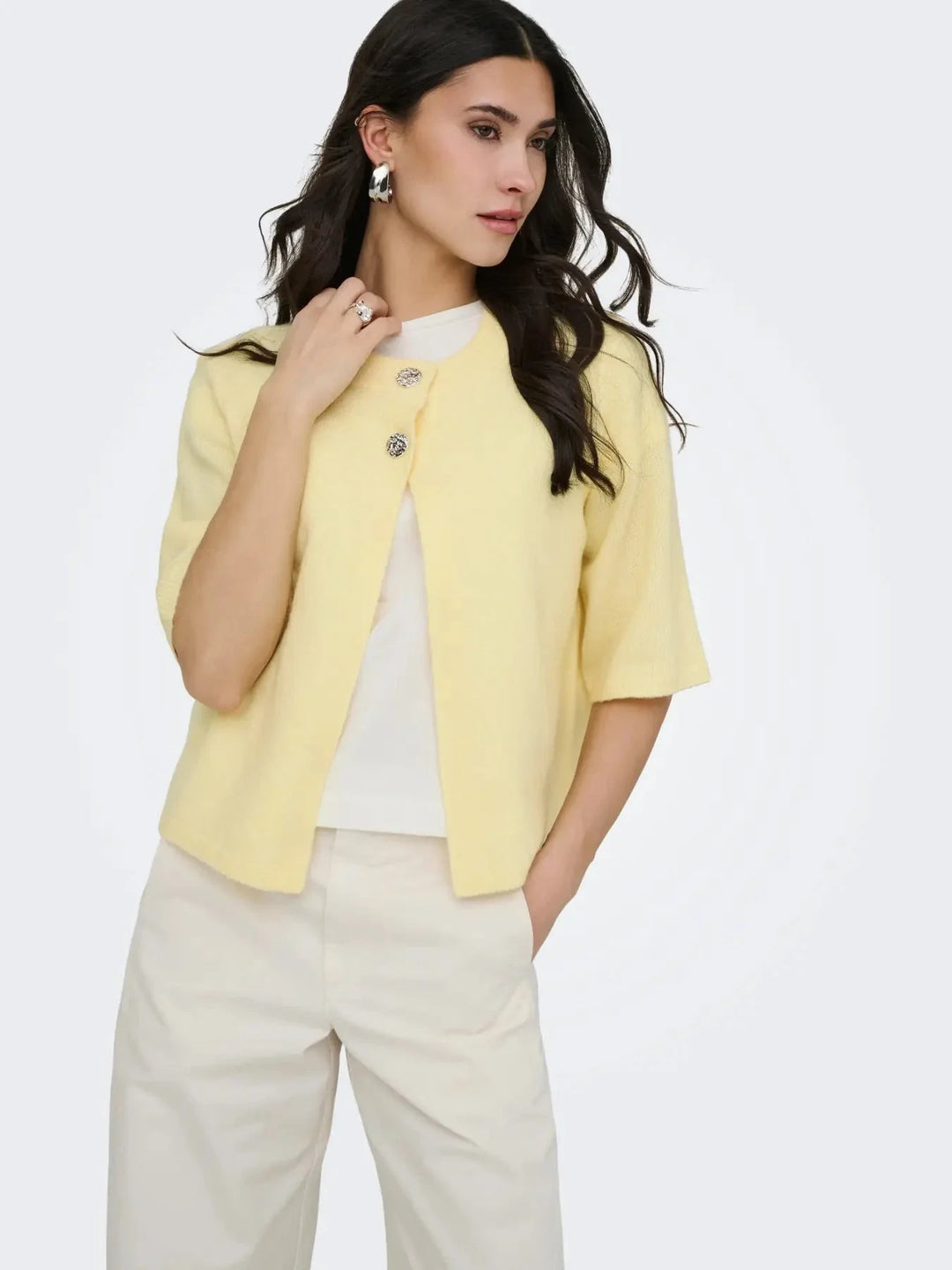 JDY - Jdysuper 2/4 Cardigan Knt - 5086561 French Vanilla Silver Button Cardigans 