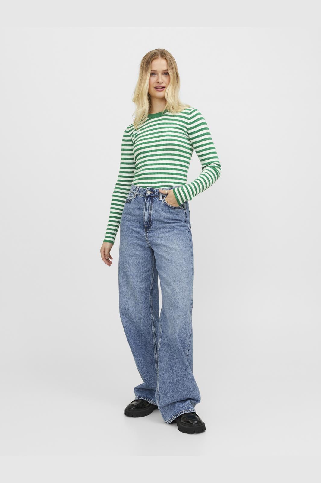 Jjxx - Jxjodi Tight Stripe Crew Neck Knit - 4412396 Medium Green /Cloud Dancer