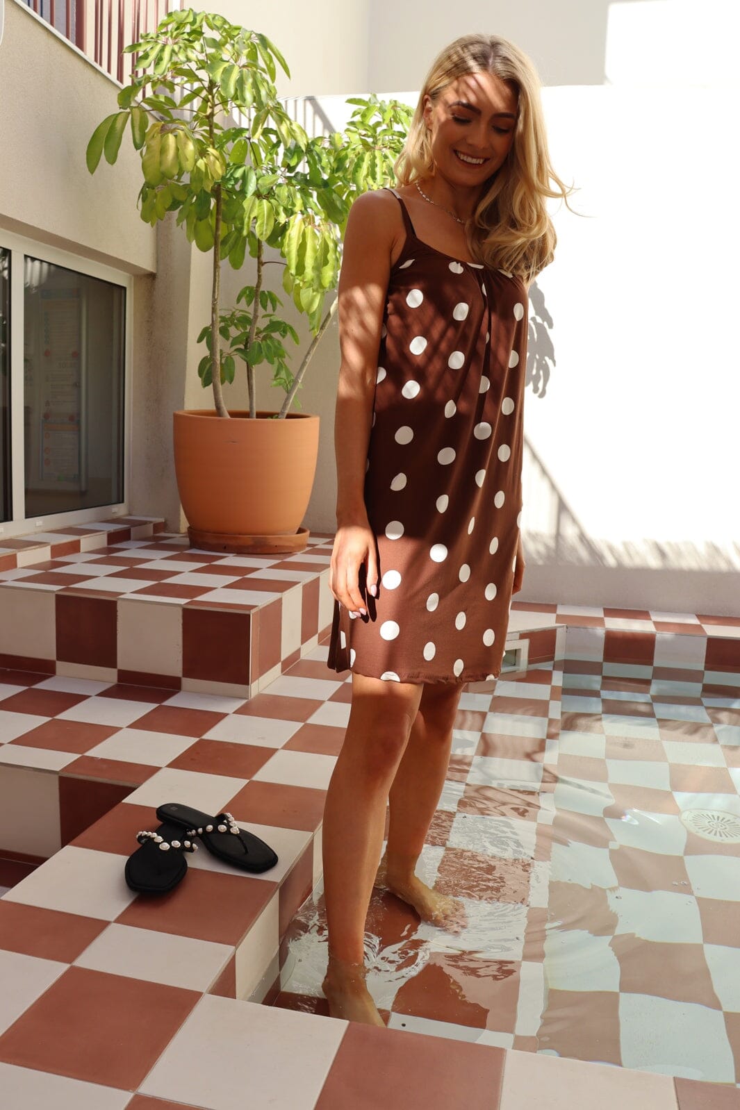 Liberte - Alma-Short-Strap-Dress 9588 - Brown Creme Dot