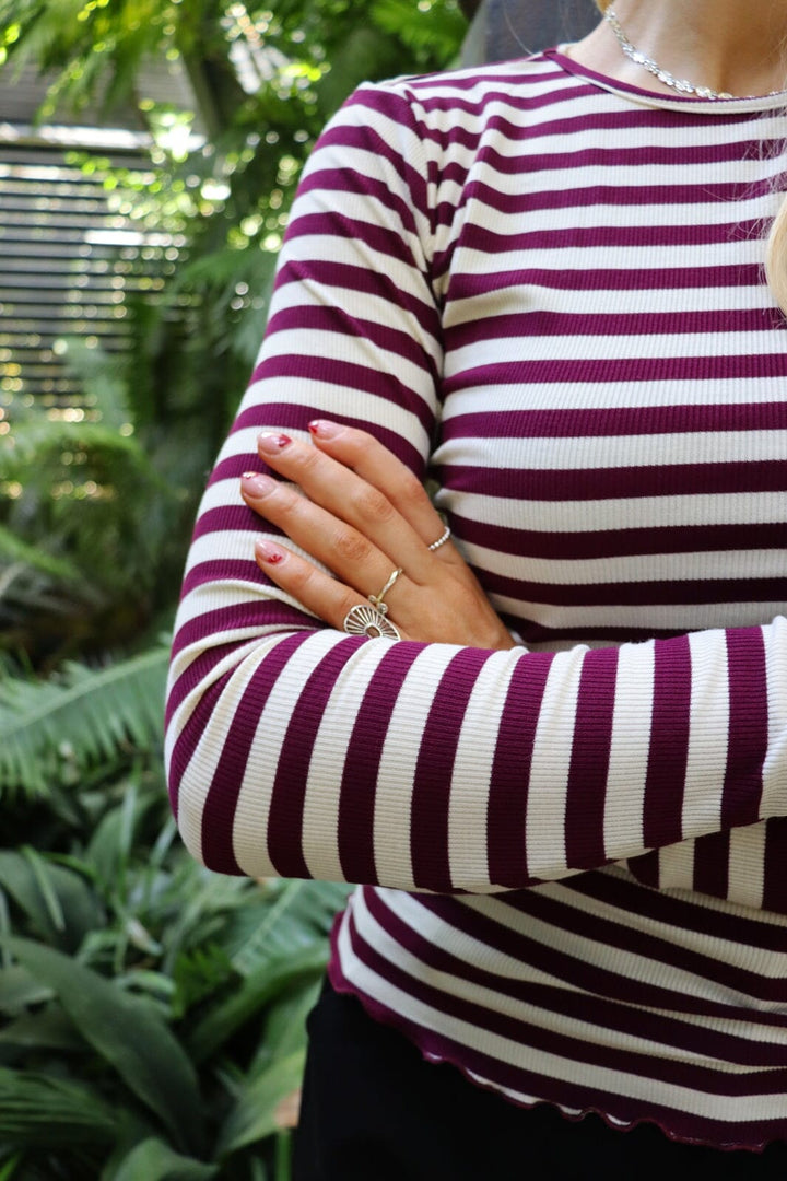 Liberte - Natalia Ls Round Neck Blouse 9914 - Plum Creme Stripe