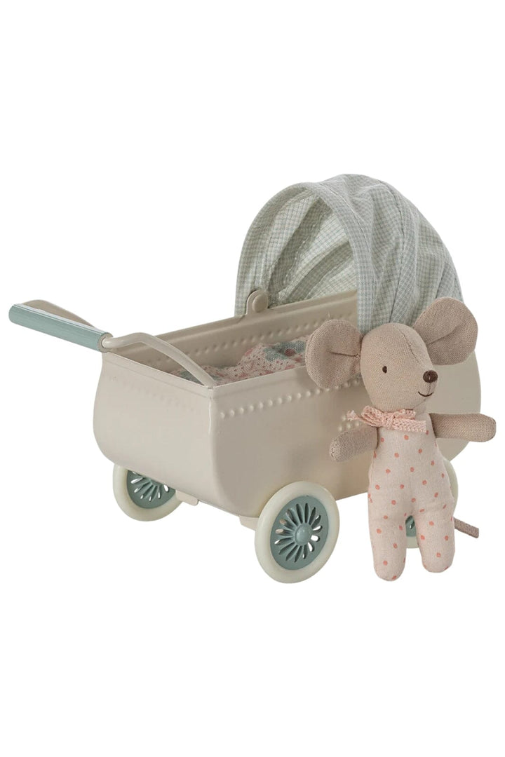 Maileg - Barnevogn Med Baby Mus - Mint - Mouse Acc Legetøj 