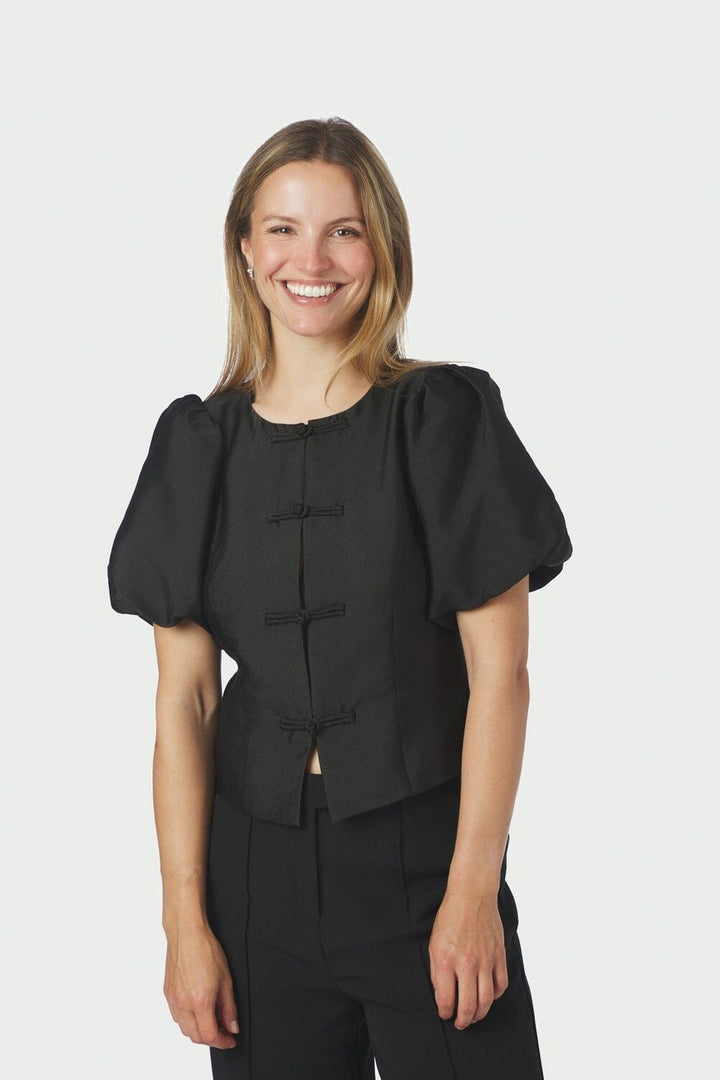 Neo Noir - Anela Mandarin Dull Satin Blouse 170245 - 100 - Black