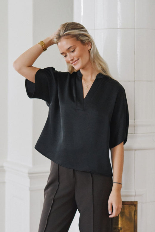 Neo Noir - Anelle Heavy Sateen Blouse 168286 - 100 - Black Bluser 