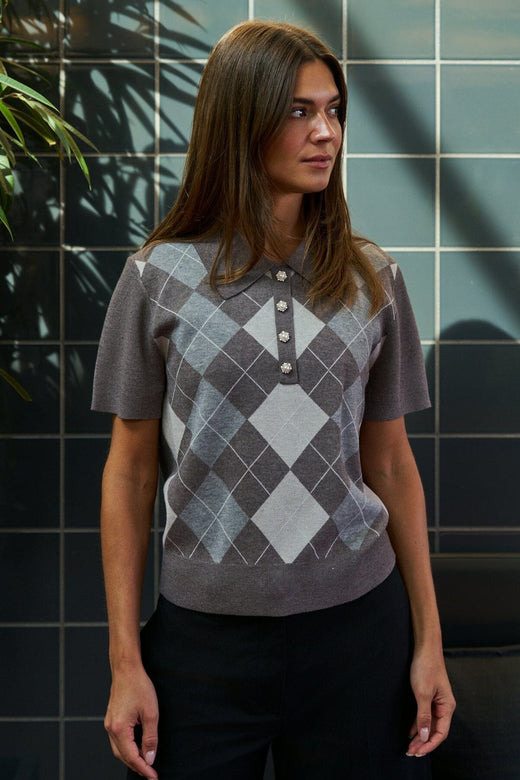 Neo Noir - Gia Check Knit Blouse 169335 - 811 - Dark Taupe Bluser 