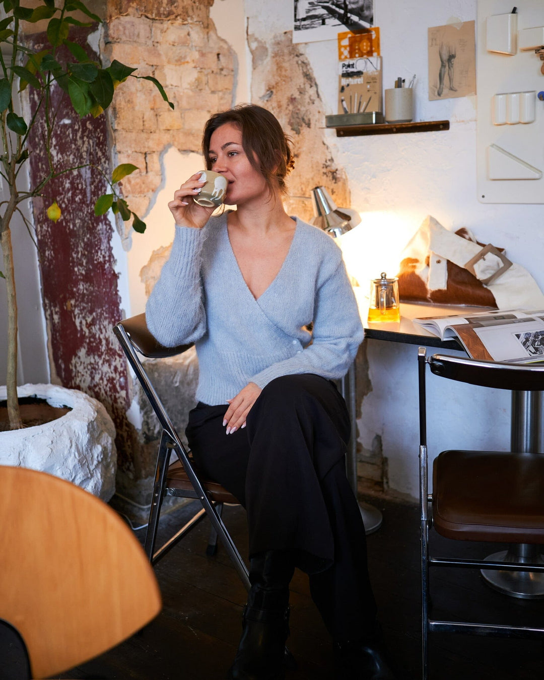 Neo Noir - Kilua Fluffy Wrap Knit Blouse 165195 - 145 - Light Blue Bluser 