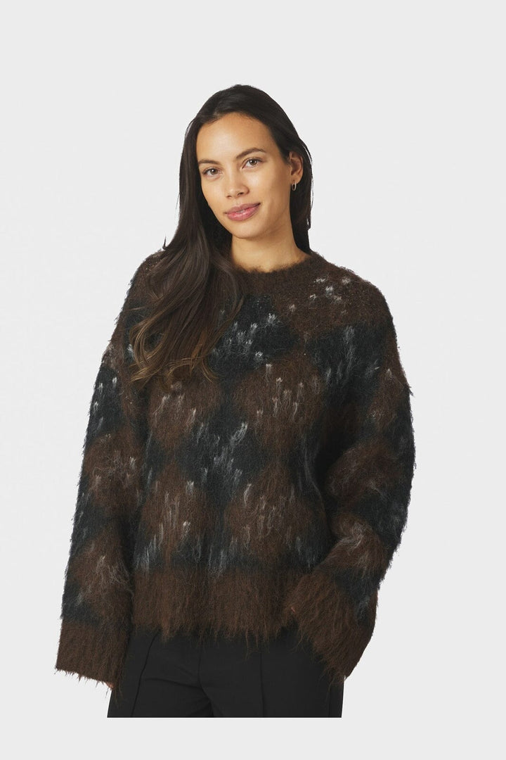 Neo Noir - Roeme Check Fluffy Knit Blouse 168111 - 676 - Dark Brown