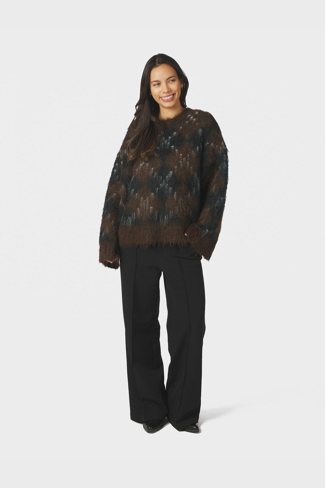 Neo Noir - Roeme Check Fluffy Knit Blouse 168111 - 676 - Dark Brown